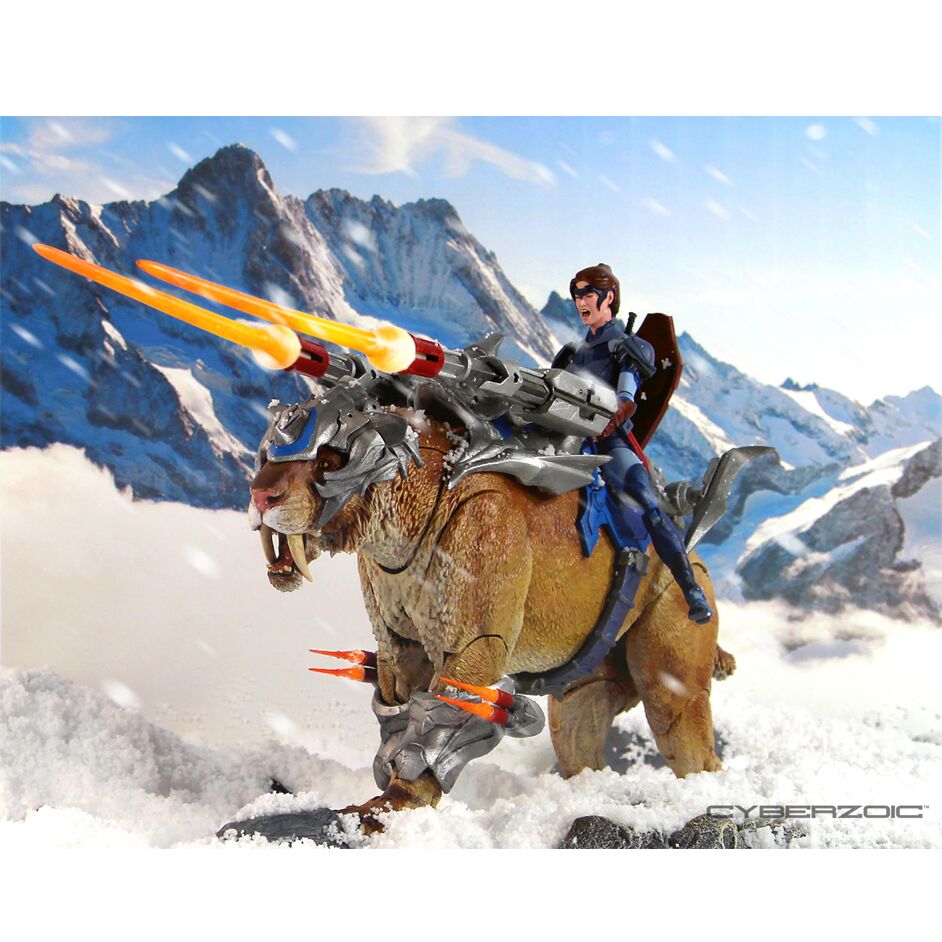 The model and the rider shown in a mountainous landscape.