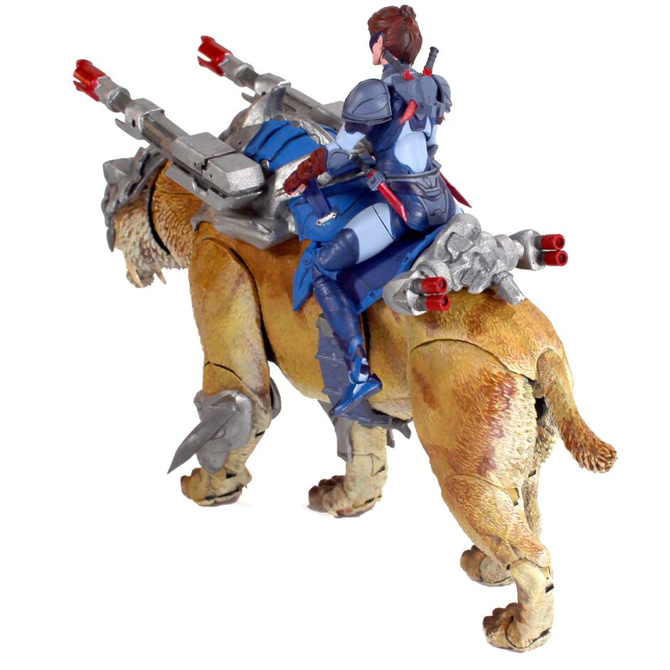 The female rider on the articulated Smilodon model.