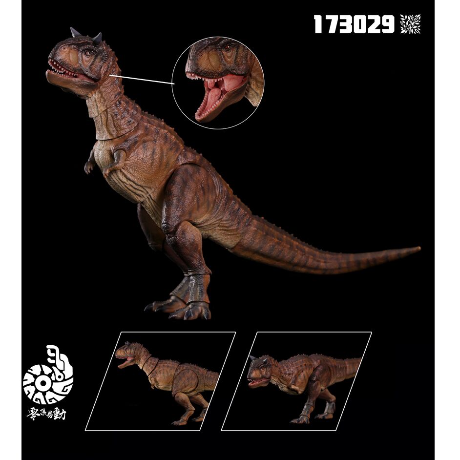 An articulated abelisaurid figure (Nanmu Studio Ranger).